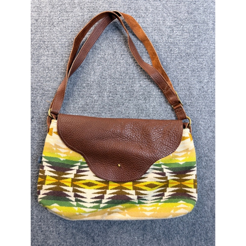 Pendleton Wool Leather Crossbody Bag Southwestern Green Brown Geometric Small